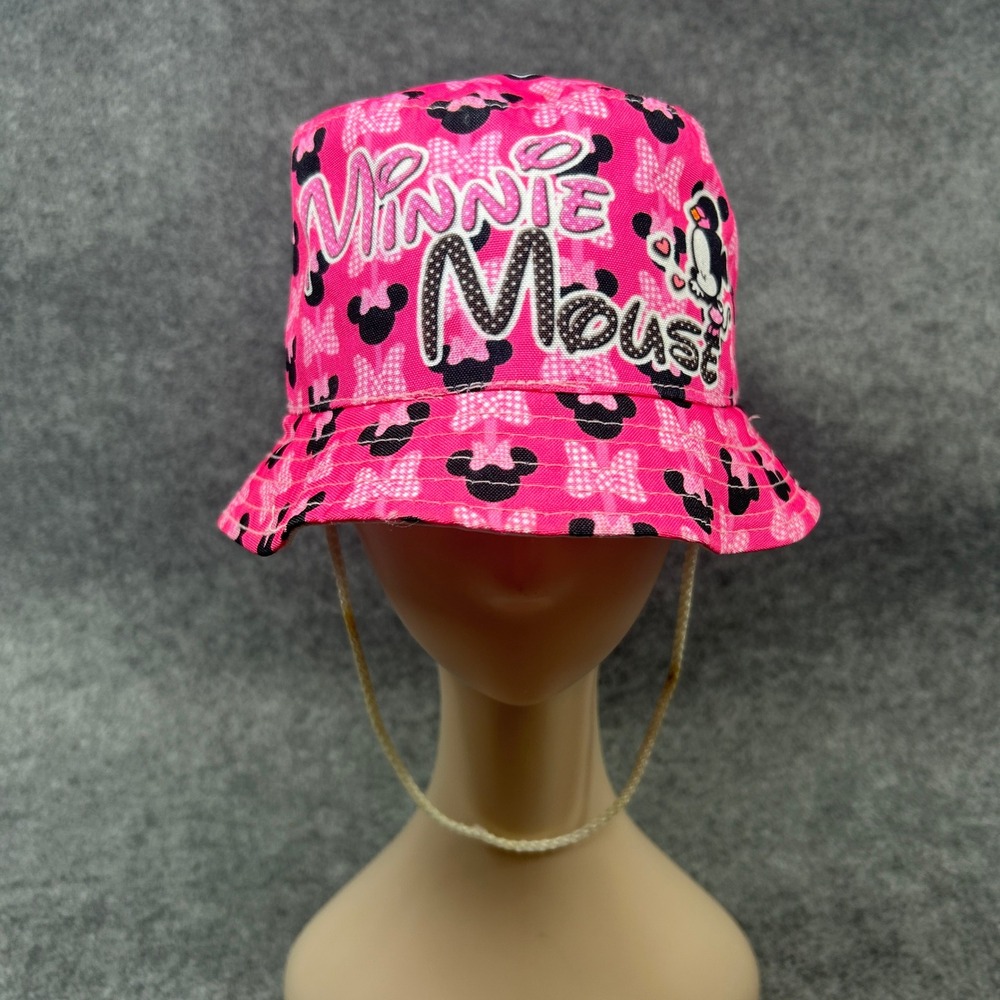 Disney Girls Minnie Mouse Bucket Hat OS Pink All Over Print Chin Strap